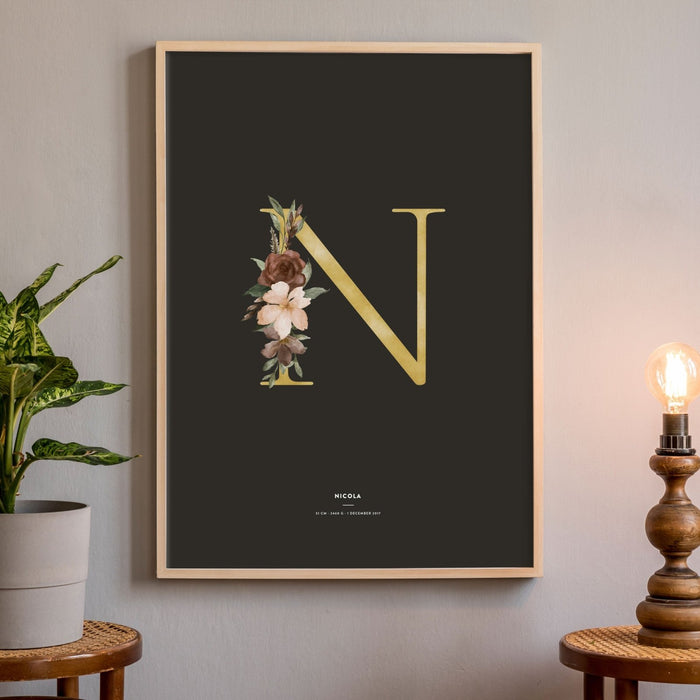 Birth Poster, Floral Letter - Dark - Made of Sundays