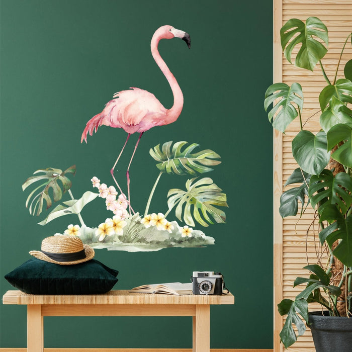 Wandaufkleber mit Flamingo und Pflanzen