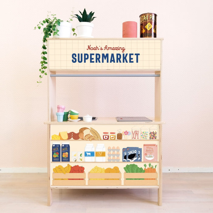 Gepersonaliseerde supermarktstickers voor Ikea Duktig speelkeuken