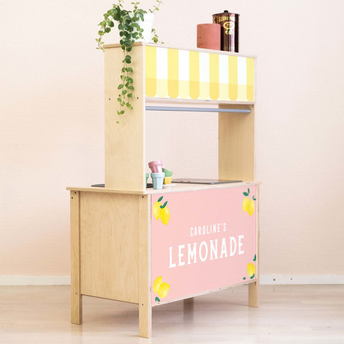 Personlige lyserøde limonade-stativklistermærker til Ikea Duktig legekøkken