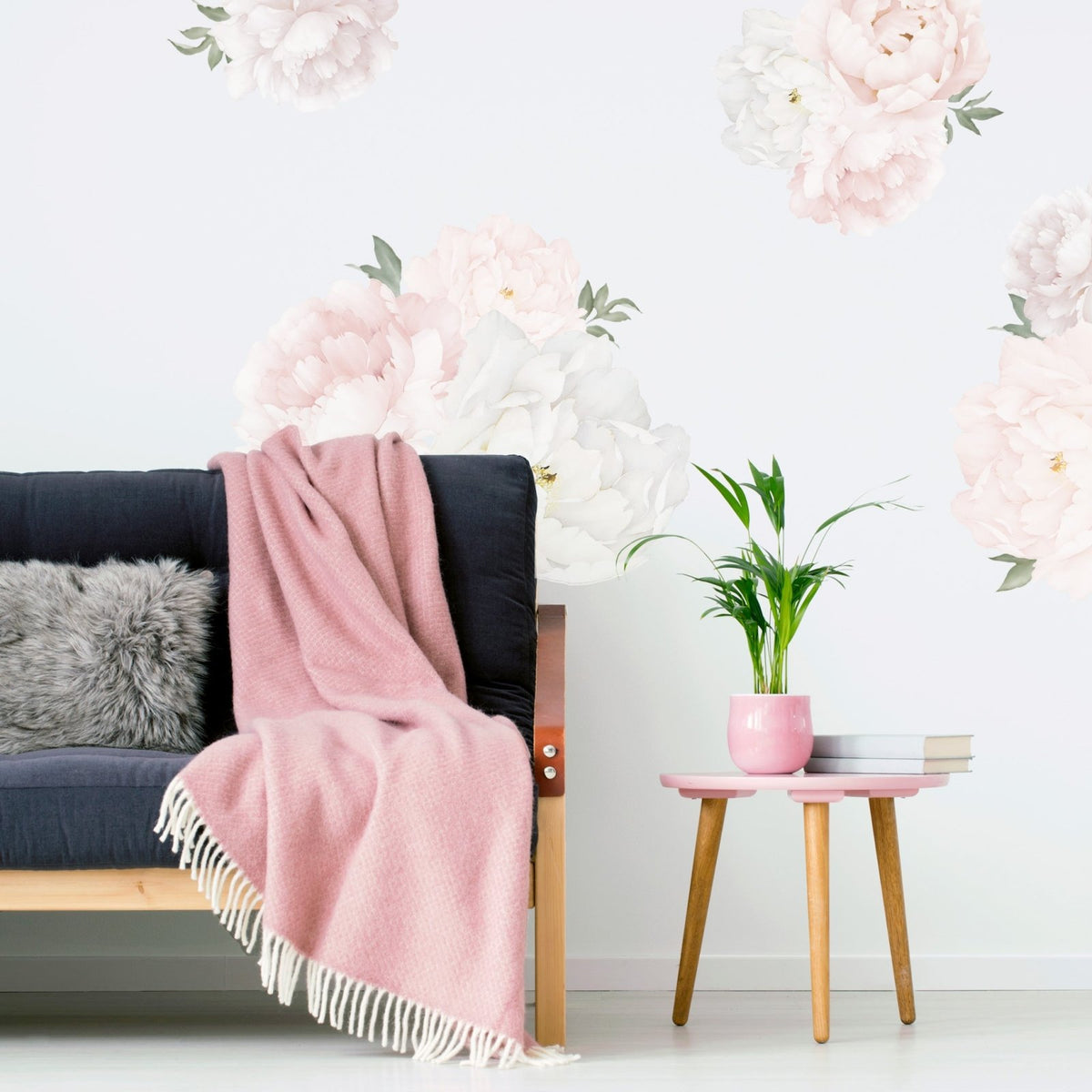 Beautiful watercolor Peony flower wall stickers in pink and white