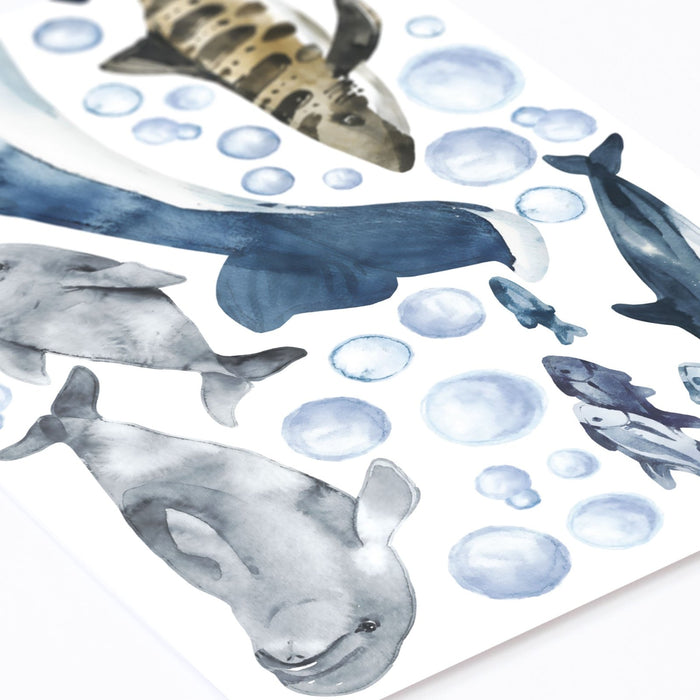 Wandaufkleber mit Walen, Delfinen und Haien im Meeresleben