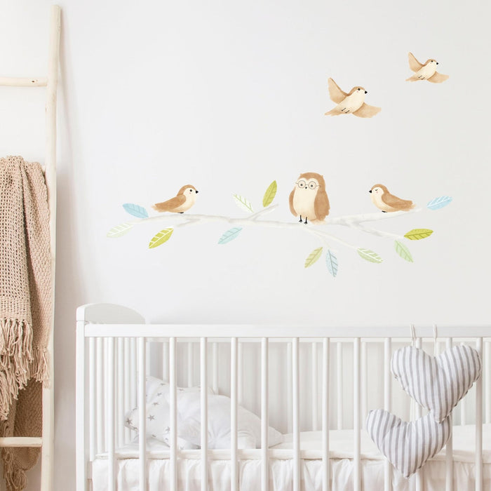 Woodland forest birds wall decals for neutral kids room decor